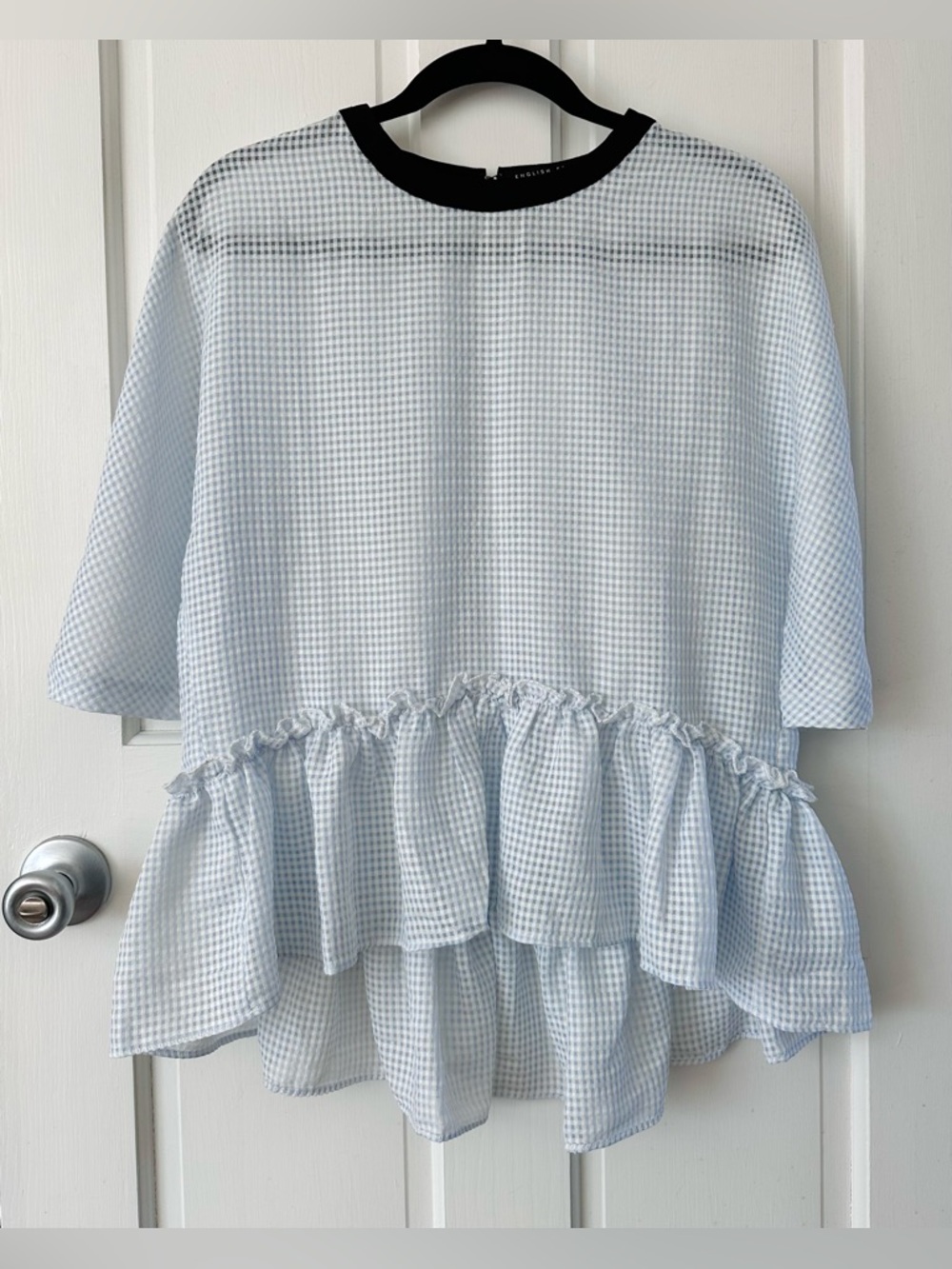 English Factory Gingham Blue & White Ruffle Peplum Top Size S - Picture 3 of 11